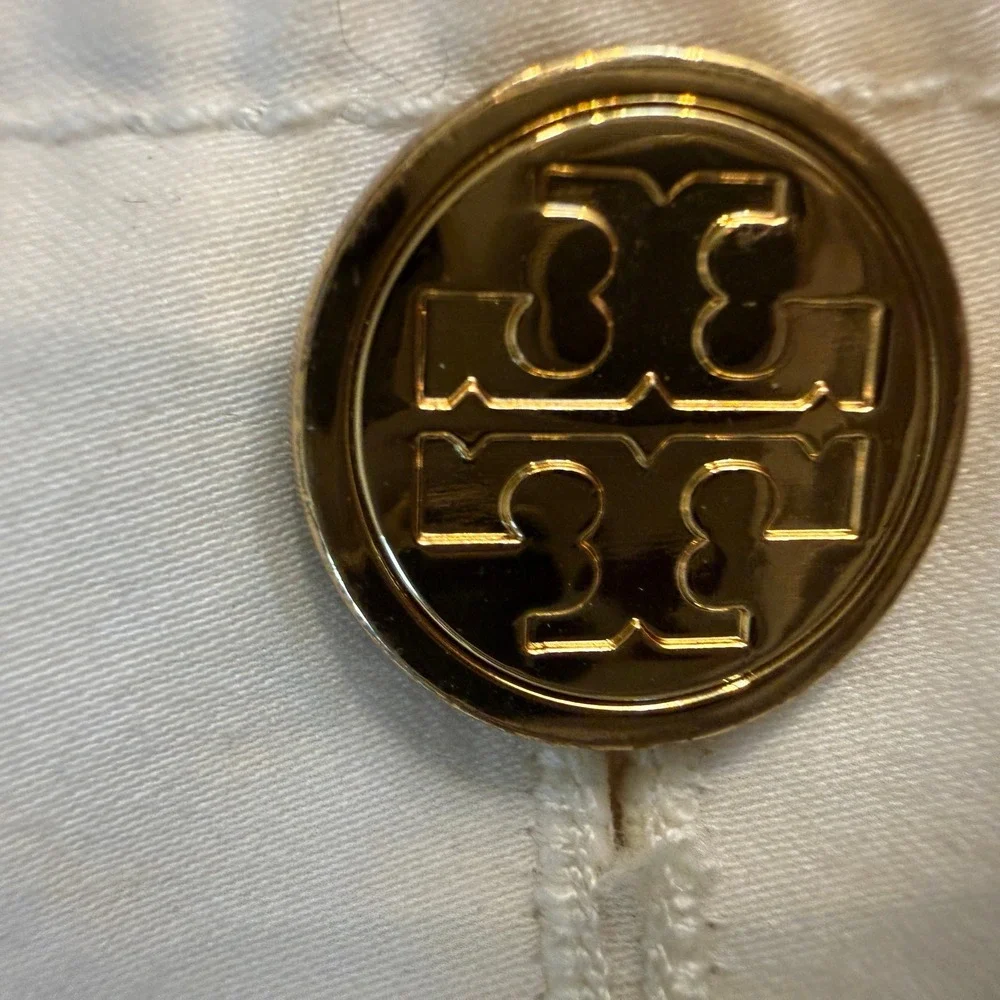Tory Burch Safari Short Sleeve Jacket Women Size 6 White Gold Logo Button Cotton